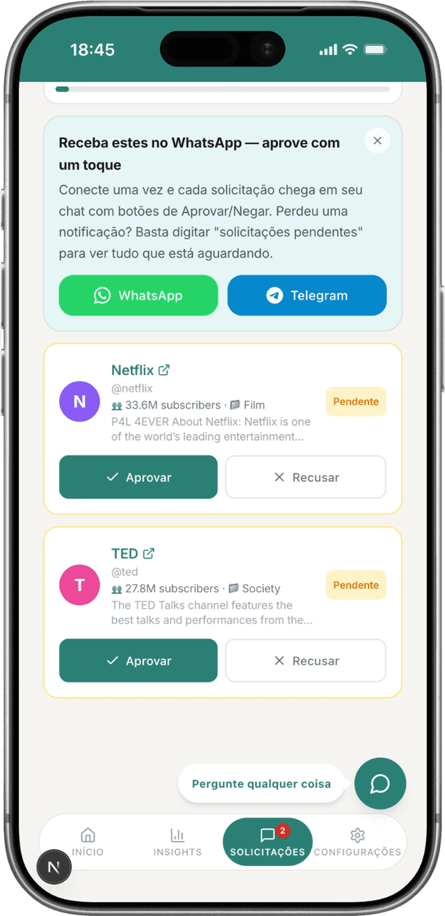 Visão dos pais mostrando opções de aprovar/negar